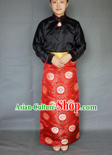 Chinese Traditional Zang Nationality Red Brocade Skirt, China Tibetan Heishui Dance Costume for Women