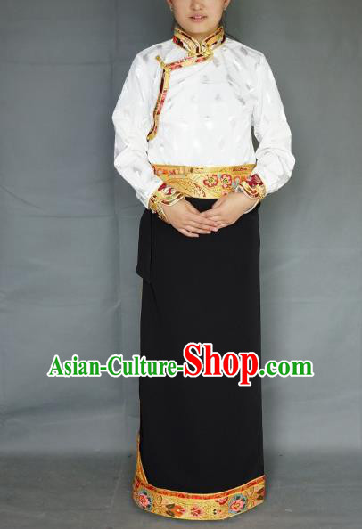 Chinese Traditional Zang Nationality Black Brocade Skirt, China Tibetan Heishui Dance Costume for Women