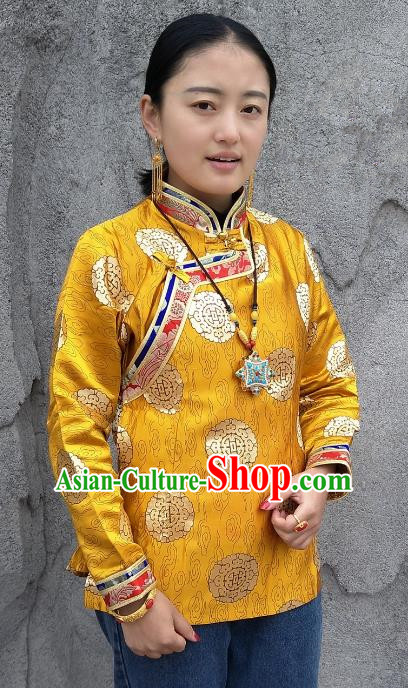 Chinese Traditional Zang Nationality Heishui Dance Costume, China Tibetan Yellow Brocade Shirt for Women