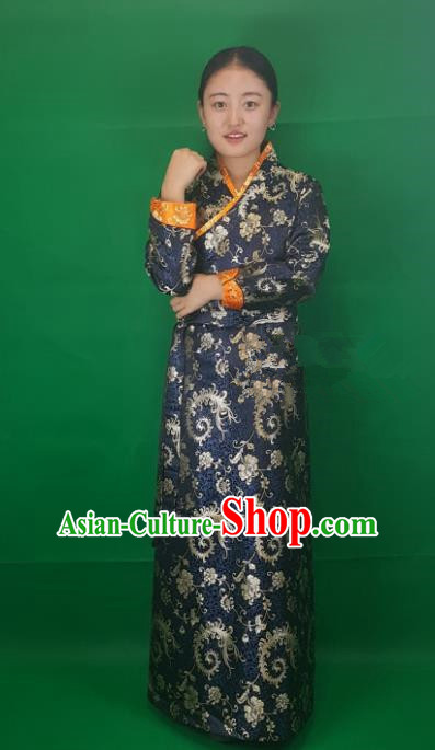 Chinese Traditional Zang Nationality Heishui Dance Costume, China Tibetan Navy Brocade Dress for Women