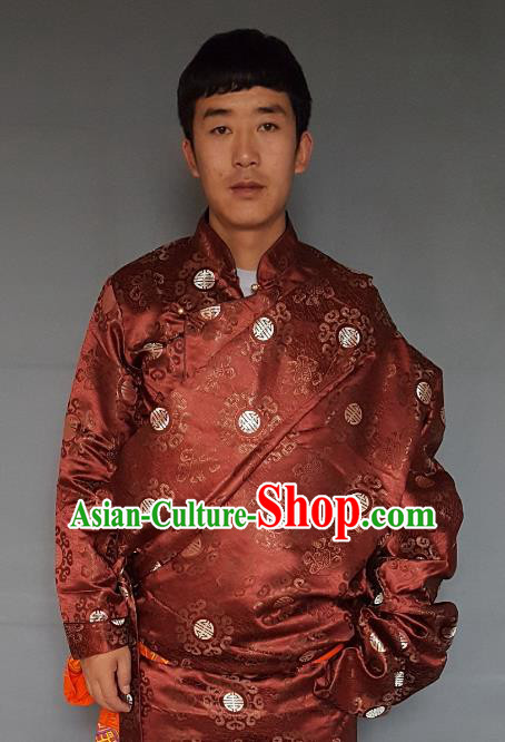 Chinese Traditional Zang Nationality Costume Purplish Red Tibetan Robe, China Tibetan Ethnic Embroidered Clothing for Men
