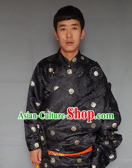Chinese Traditional Zang Nationality Costume Black Tibetan Robe, China Tibetan Ethnic Embroidered Clothing for Men