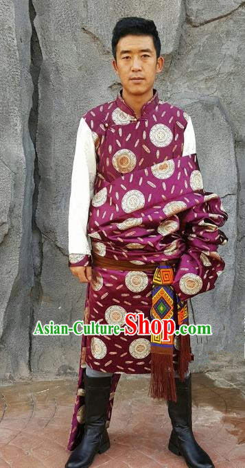 Chinese Traditional Zang Nationality Costume Purple Brocade Tibetan Robe, China Tibetan Ethnic Clothing for Men