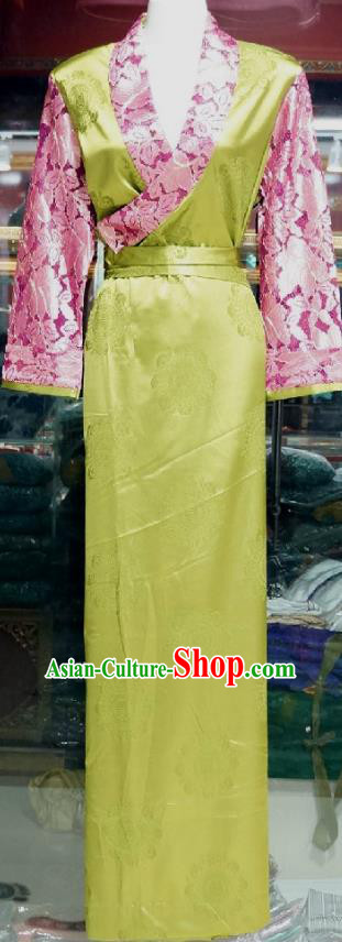 Chinese Traditional Zang Nationality Costume Green Brocade Dress, China Tibetan Heishui Dance Clothing for Women