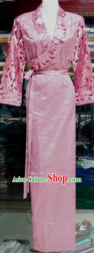 Chinese Traditional Zang Nationality Costume Pink Brocade Dress, China Tibetan Heishui Dance Clothing for Women