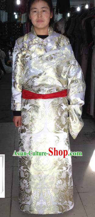 Chinese Traditional Zang Nationality White Brocade Costume, China Tibetan Heishui Dance Clothing for Women