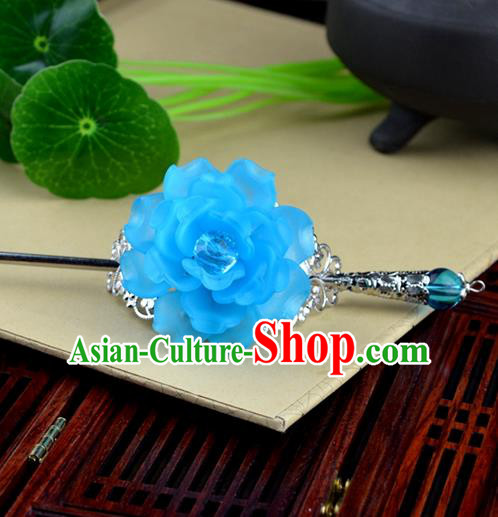 Chinese Traditional Ancient Hair Accessories Hanfu Hairpins Light Blue Peony Hairdo Crown Headwear for Women