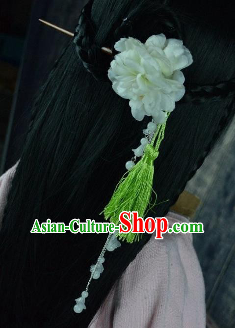 Chinese Traditional Ancient Hair Accessories Hanfu Peony Hairpins Green Tassel Hair Clip Headwear for Women