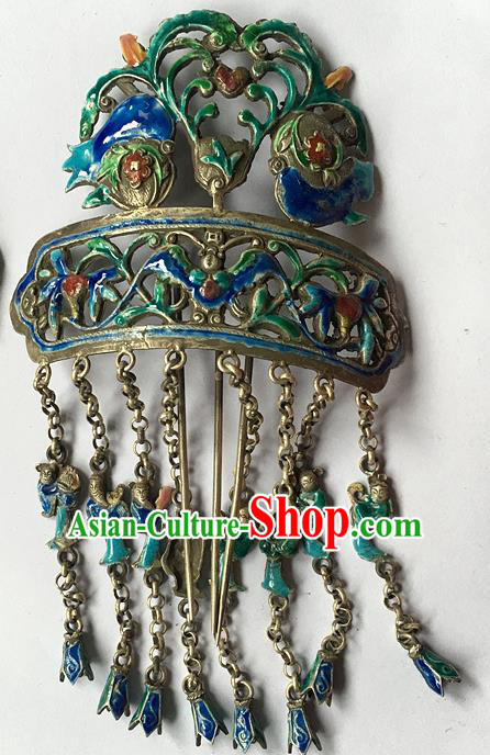 Chinese Traditional Ancient Blueing Carving Tassel Hair Clip Hanfu Hairpins Hair Accessories for Women