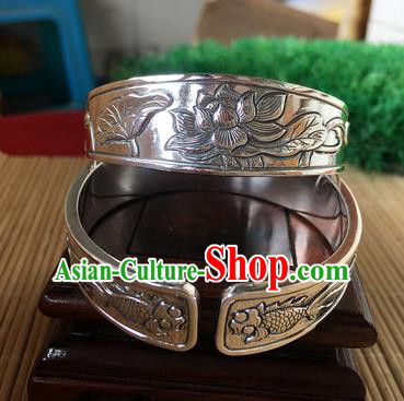 Handmade Chinese Miao Nationality Carving Lotus Fishes Sliver Bracelet Traditional Hmong Bangle for Women