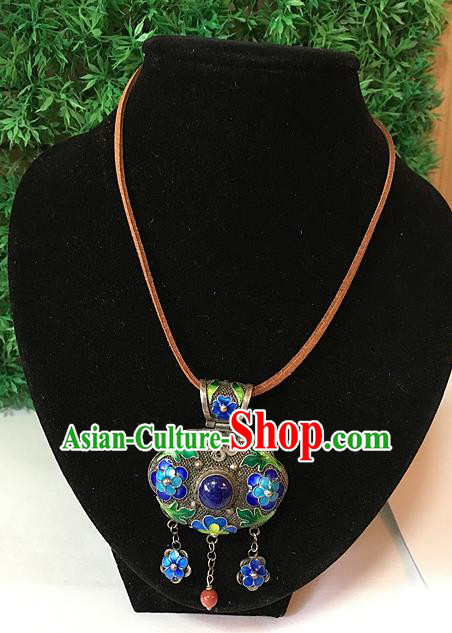 Handmade Chinese Miao Nationality Sachet Necklace Sliver Hmong Blueing Flowers Necklet for Women