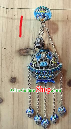 Handmade Chinese Miao Nationality Sachet Waist Accessories Sliver Hmong Blueing Pendant for Women