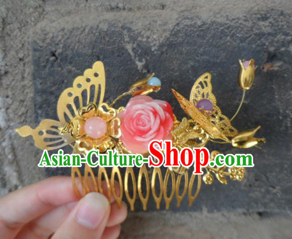 Chinese Traditional Hair Accessories Ancient Bride Hairpins Pink Peony Hair Comb for Women