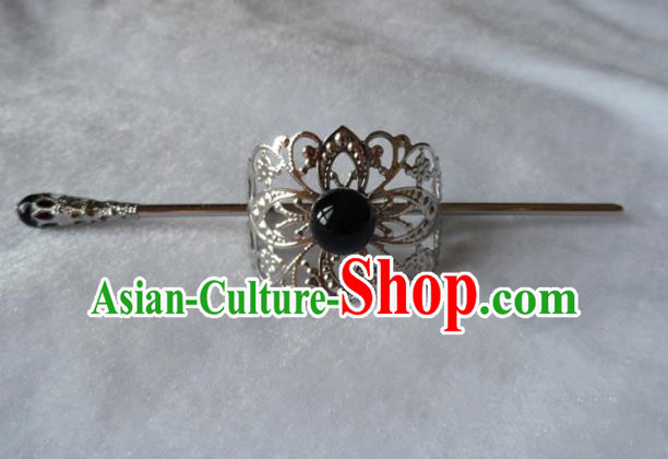 Chinese Traditional Ancient Handmade Black Bead Hairdo Crown Hair Accessories Swordsman Hairpins for Men