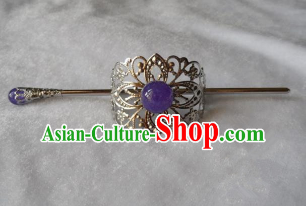 Chinese Traditional Ancient Handmade Purple Bead Hairdo Crown Hair Accessories Swordsman Hairpins for Men