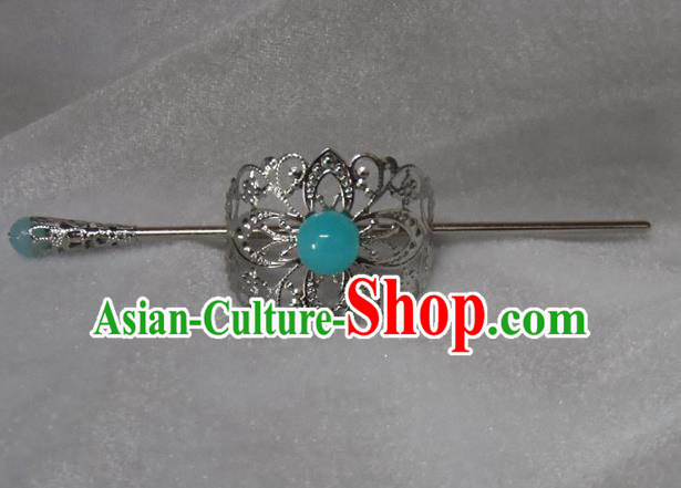 Chinese Traditional Ancient Handmade Blue Bead Hairdo Crown Hair Accessories Swordsman Hairpins for Men