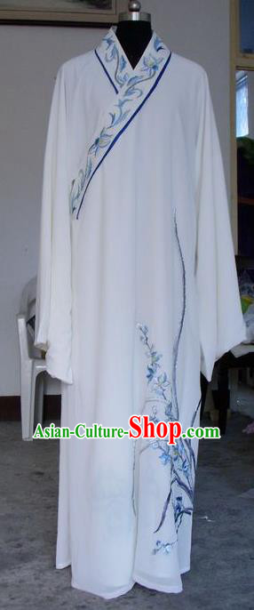 Chinese Traditional Shaoxing Opera Niche Embroidered Orchid White Silk Robe Clothing Peking Opera Scholar Costume for Adults