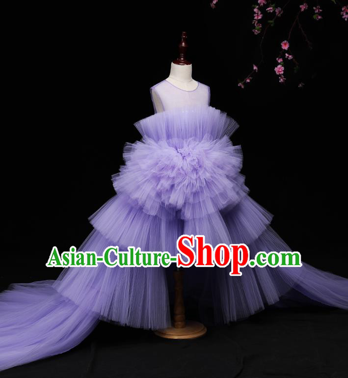Children Modern Dance Costume Compere Full Dress Stage Piano Performance Purple Veil Trailing Dress for Kids