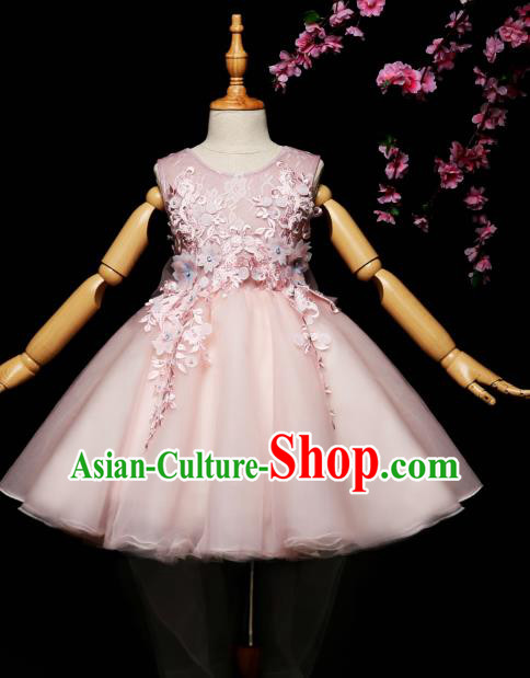 Children Modern Dance Costume Compere Pink Bubble Short Full Dress Stage Piano Performance Princess Dress for Kids