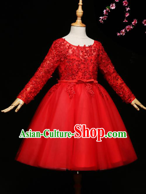 Children Modern Dance Costume Compere Red Bubble Short Full Dress Stage Piano Performance Princess Dress for Kids
