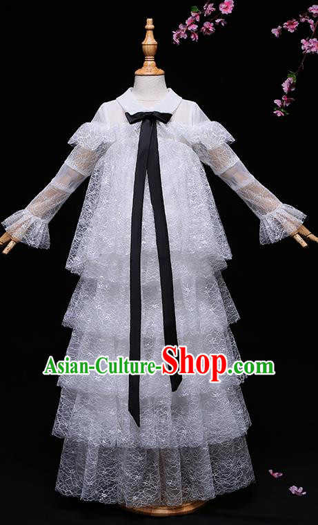 Children Modern Dance Costume Compere Full Dress Stage Piano Performance Princess White Veil Dress for Kids