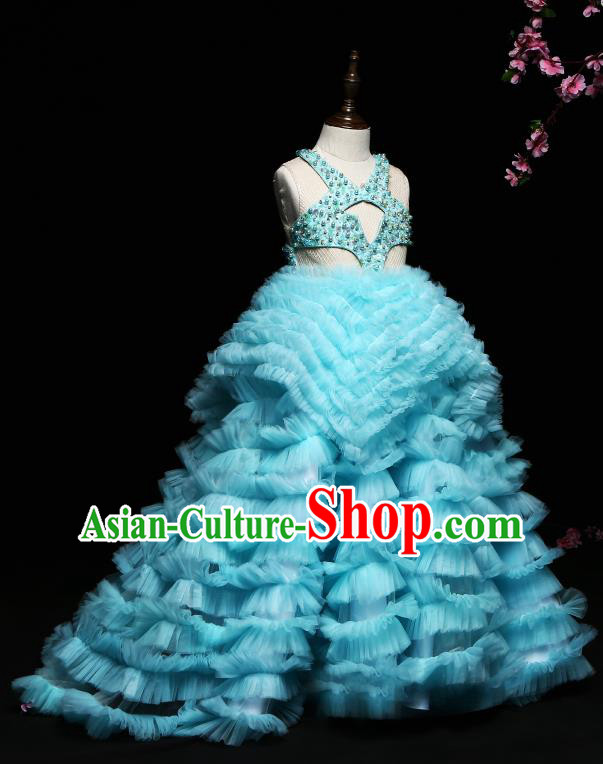 Children Modern Dance Costume Compere Blue Trailing Full Dress Stage Piano Performance Princess Dress for Kids