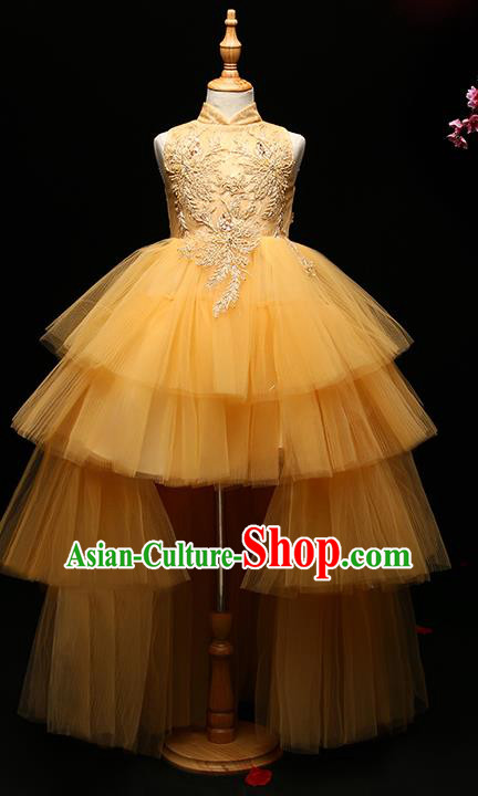 Children Modern Dance Costume Compere Full Dress Stage Performance Chorus Yellow Veil Trailing Dress for Kids