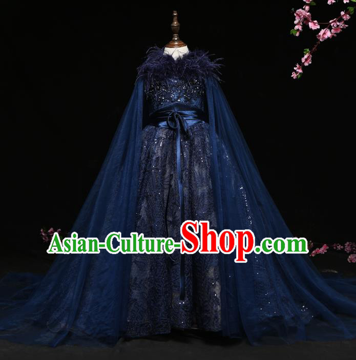 Children Modern Dance Costume Compere Navy Trailing Full Dress Stage Piano Performance Princess Dress for Kids