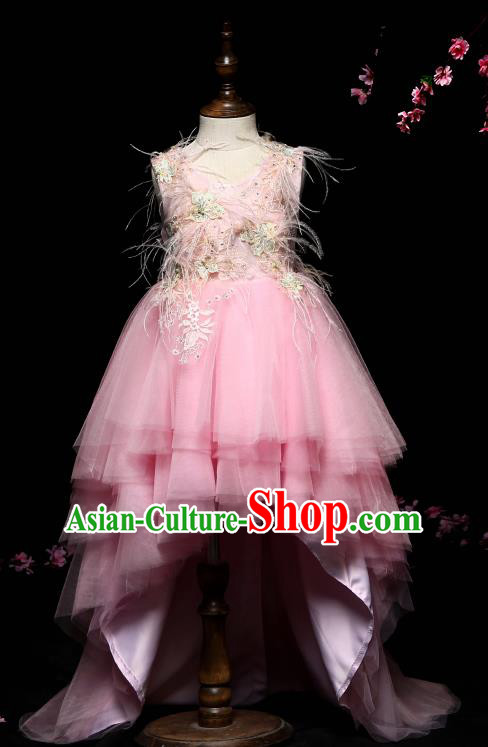 Children Modern Dance Costume Compere Pink Veil Trailing Full Dress Stage Piano Performance Princess Dress for Kids