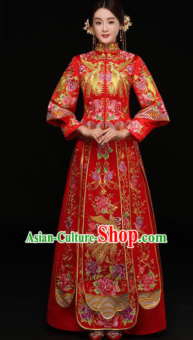 Chinese Traditional Wedding Costumes Top Grade Longfeng Flown Bride Embroidered Phoenix Trailing Xiuhe Suits for Women