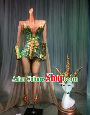 Top Grade Pub Singer Stage Performance Customized Green Costume Halloween Models Catwalks Clothing for Women