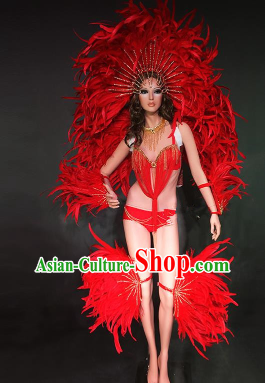 Top Grade Stage Performance Brazilian Rio Carnival Costume Red Feather Wings and Headwear for Women