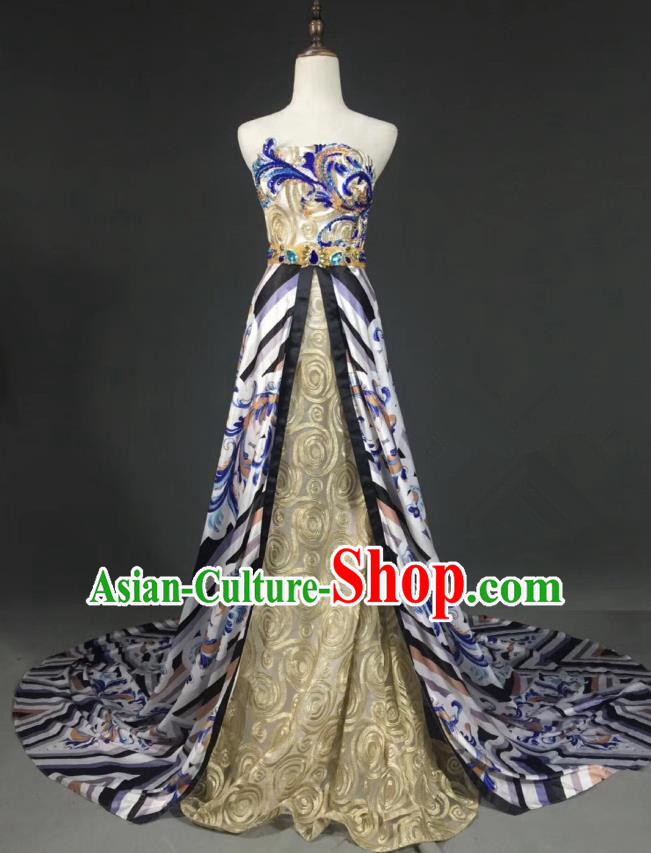 Top Grade Compere Stage Performance Customized Costume Models Catwalks Printing Full Dress for Women
