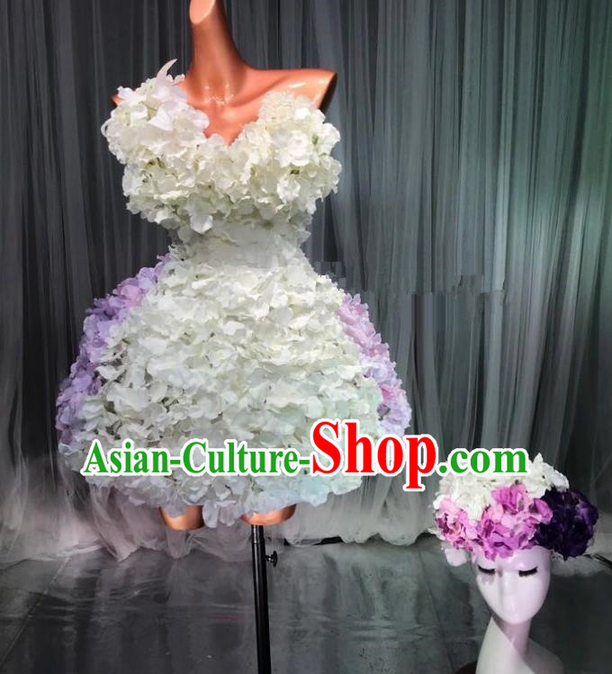 Top Grade Stage Performance Costume Models Catwalks White Flowers Fairy Dance Dress and Headwear for Women
