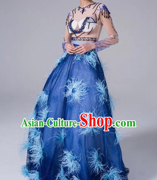 Top Grade Stage Performance Compere Costume Models Catwalks Blue Full Dress for Women