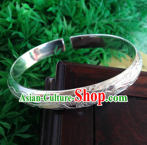 Handmade Chinese Miao Nationality Carving Sliver Bracelet Traditional Hmong Bangle for Women