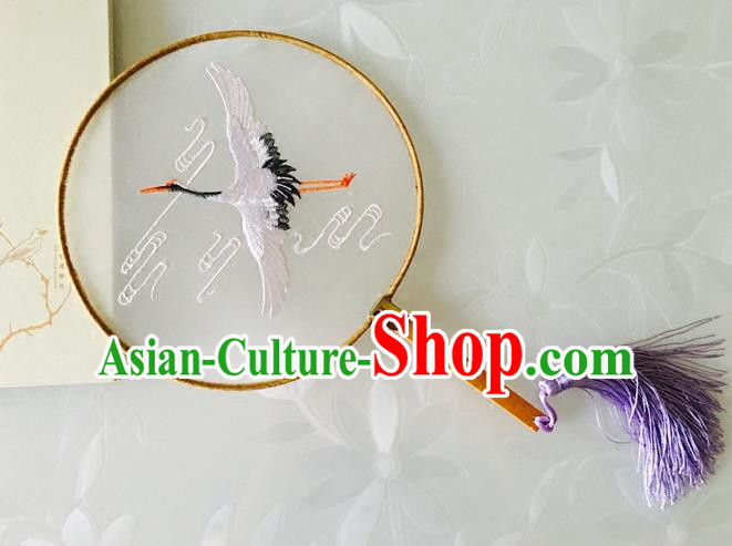 Chinese Traditional Embroidered Crane Palace Fan Ancient Hanfu Round Fans for Women