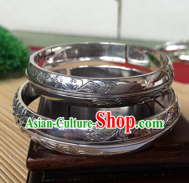 Handmade Chinese Miao Nationality Craft Carving Orchid Sliver Bracelet Traditional Hmong Bangle for Women