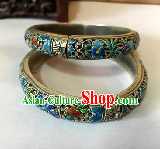 Handmade Chinese Miao Nationality Sliver Bracelet Traditional Hmong Carving Blueing Bangle for Women