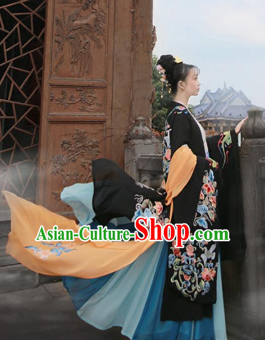 Chinese Tang Dynasty Imperial Consort Costume Ancient Peri Embroidered Black Wide Sleeve Cardigan for Women