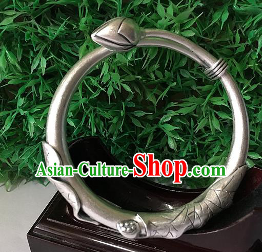 Handmade Chinese Miao Nationality Sliver Hoop Bracelet Traditional Hmong Bangle for Women