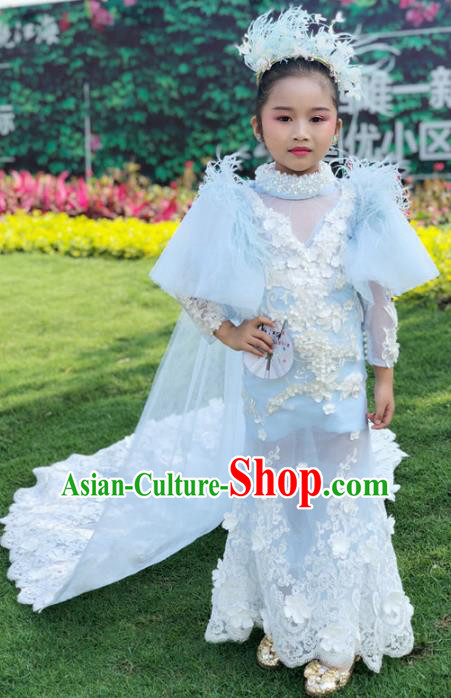 Children Models Show Costume Stage Performance Modern Dance Catwalks White Lace Dress for Kids