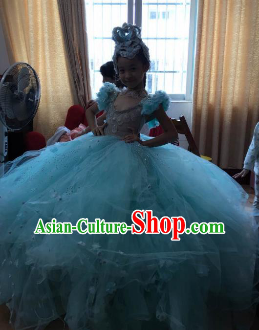 Children Models Show Costume Stage Performance Modern Dance Catwalks Green Veil LED Dress for Kids