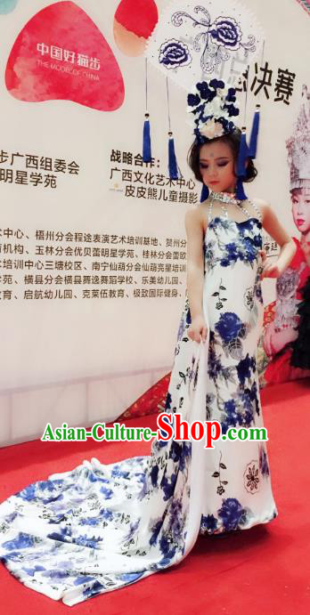 Children Models Show Costume Chinese Stage Performance Modern Dance Catwalks Printing Trailing Dress and Headpiece for Kids