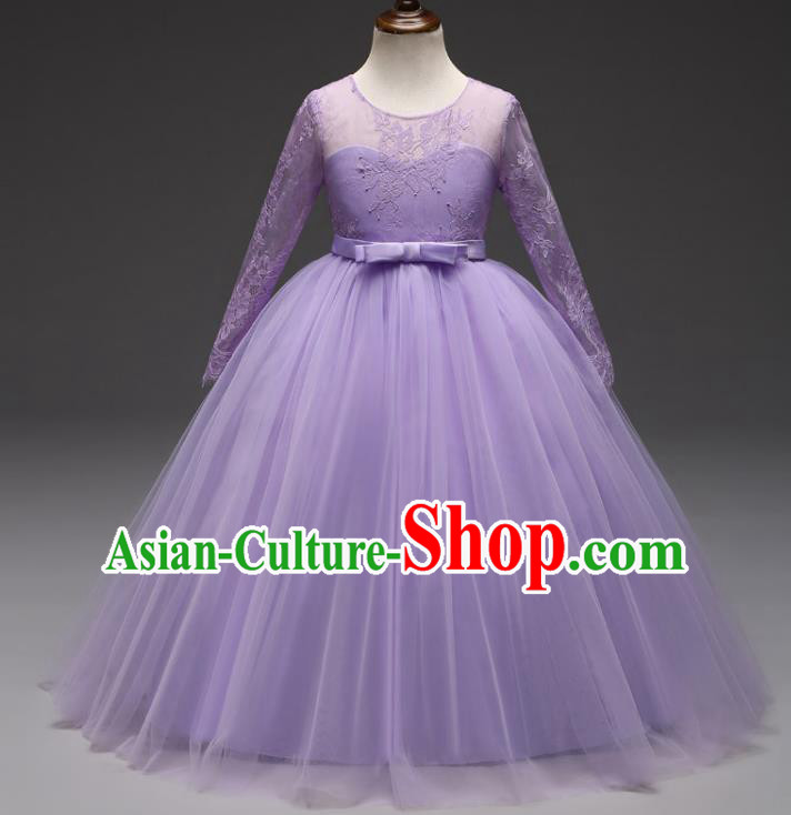 Children Models Show Costume Stage Performance Modern Dance Compere Lilac Lace Veil Dress for Kids