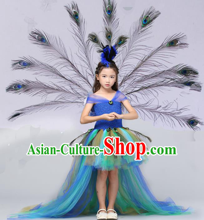 Children Models Show Costume Stage Performance Catwalks Compere Green Peacock Trailing Dress for Kids