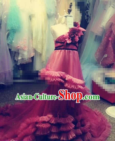 Children Models Show Costume Stage Performance Catwalks Pink Trailing Veil Dress for Kids