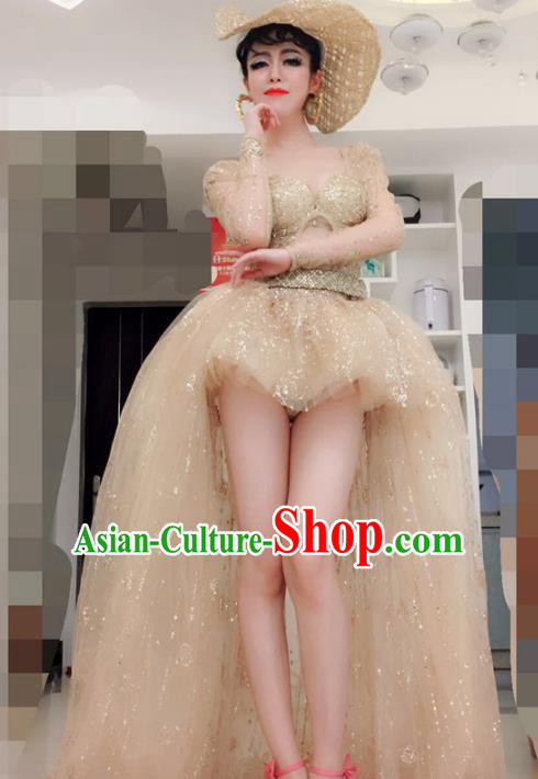 Top Grade Models Show Costume Stage Performance Golden Trailing Full Dress for Women
