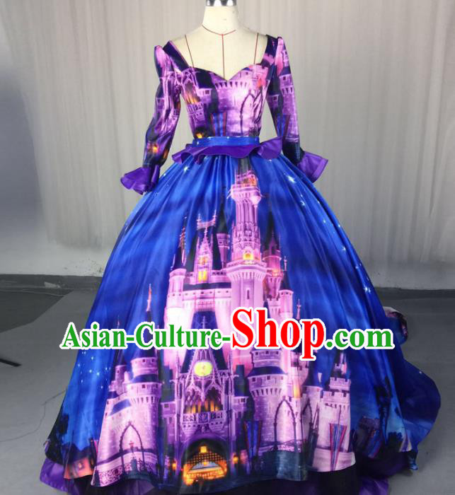 Top Grade Models Show Costume Stage Performance Catwalks Printing Blue Full Dress for Women