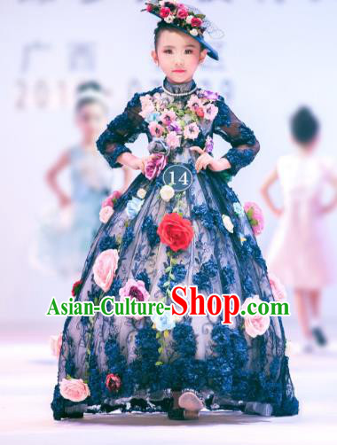 Children Models Show Costume Stage Performance Catwalks Flowers Fairy Black Full Dress for Kids